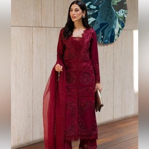 Red wine 4 piece suit with slip, designer lawn Saira shakira
